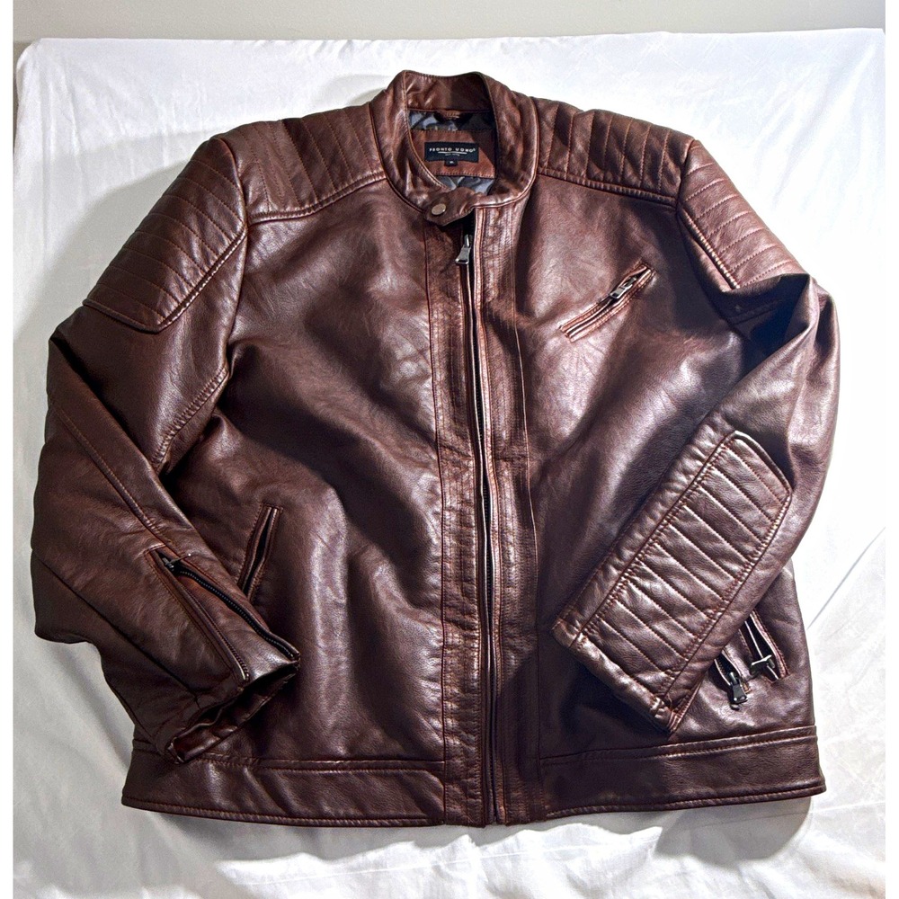 Pronto Uomo Mens XL Brown Faux Leather Motorcycle Jacket Cognac Angelo P106-48